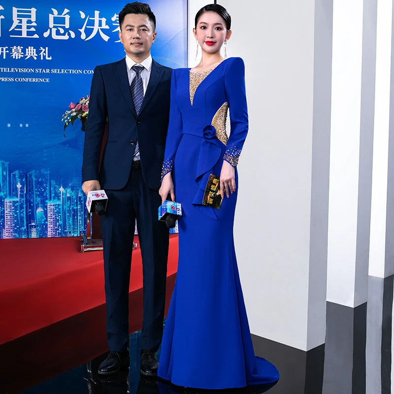 9312高端定制蓝色礼服裙女宴会气质新款设计感小众修身显瘦主持人