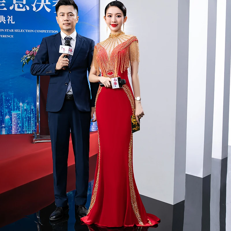 9311红色大气年会主持人连衣裙高级感中式长款宴会晚礼服日常可穿