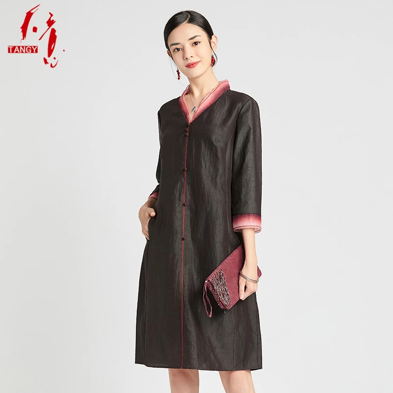 TANGY/天意春夏新中式禅意新品商场同款香云纱莨绸连衣裙2211809