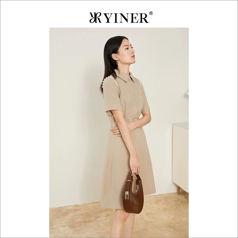 YINER音儿专选女装夏季钉珠通勤POLO领A字简约风衬衫连衣裙