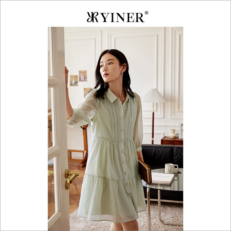 YINER音儿专选女装夏灯笼袖单排扣衬衫式雪纺连衣裙浪漫薄荷曼波