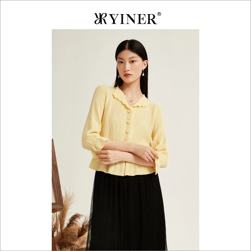 YINER音儿专选女装秋季时尚翻领镂空毛衣polo领收腰针织衫