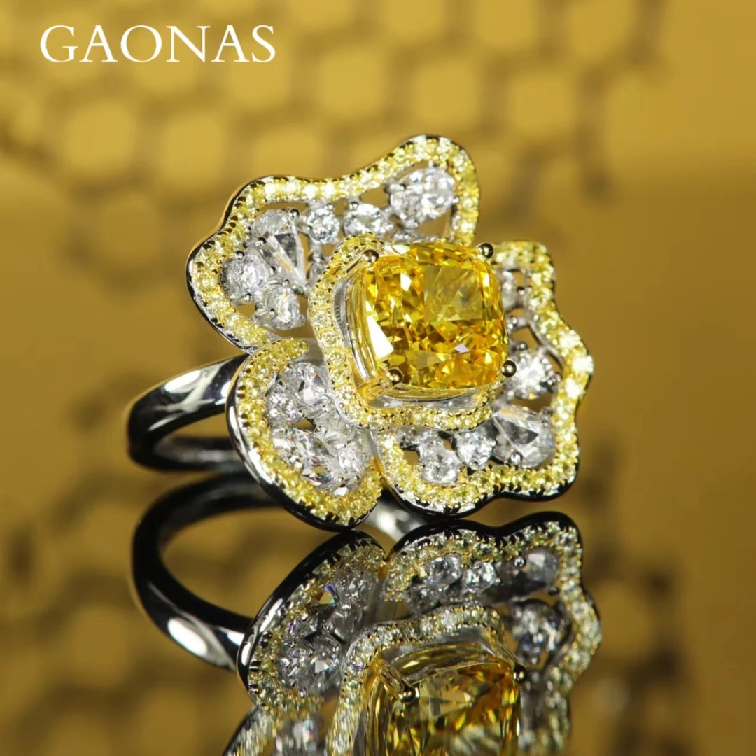 GAONAS 925银合成锆石戒指 高纳仕  异形黄色花朵戒指  YJ61833
