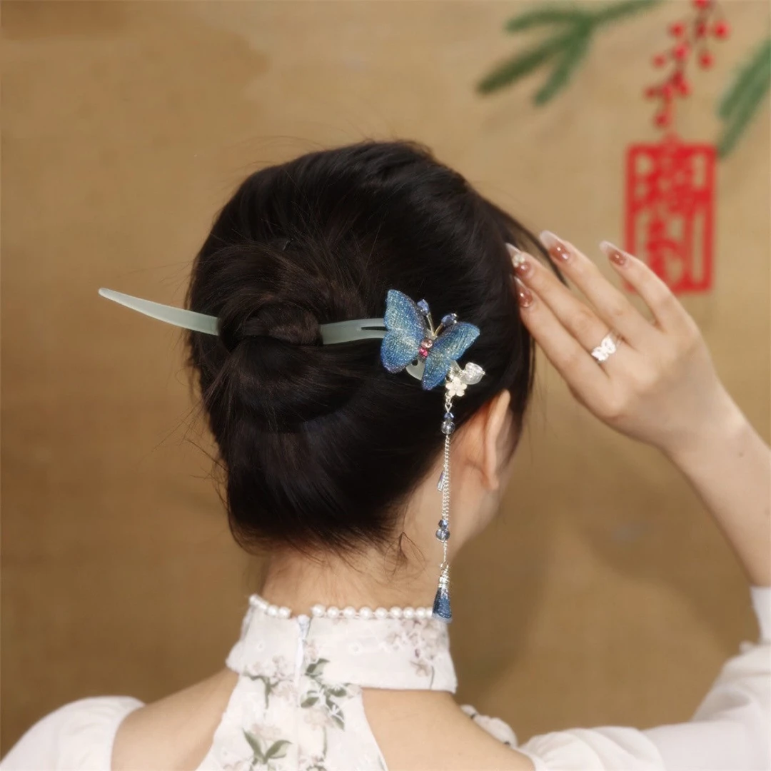 高级感轻奢发饰无金属布艺新国风蝴蝶蓝色流苏汉服旗袍发簪发钗