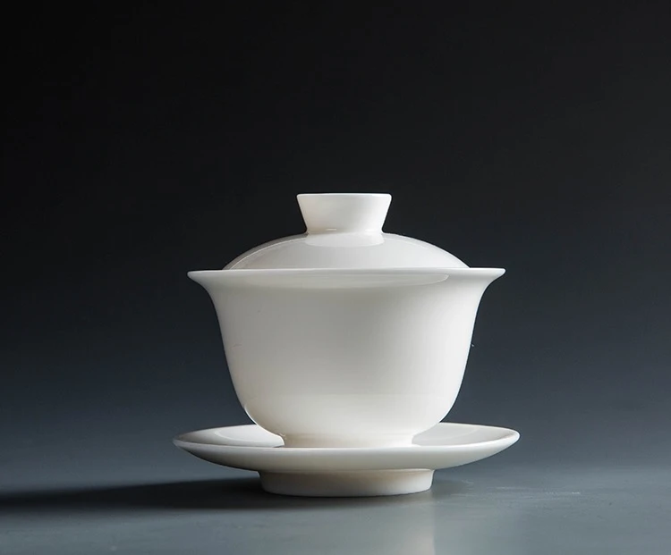 高档羊脂玉白瓷纯白陶瓷三才盖碗功夫茶碗 容量150ml茶盖碗小盖碗