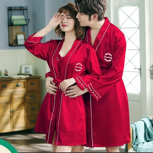 春秋情侣红色结婚睡衣女长袖晨袍女新娘两件套冰丝新婚睡袍夏薄