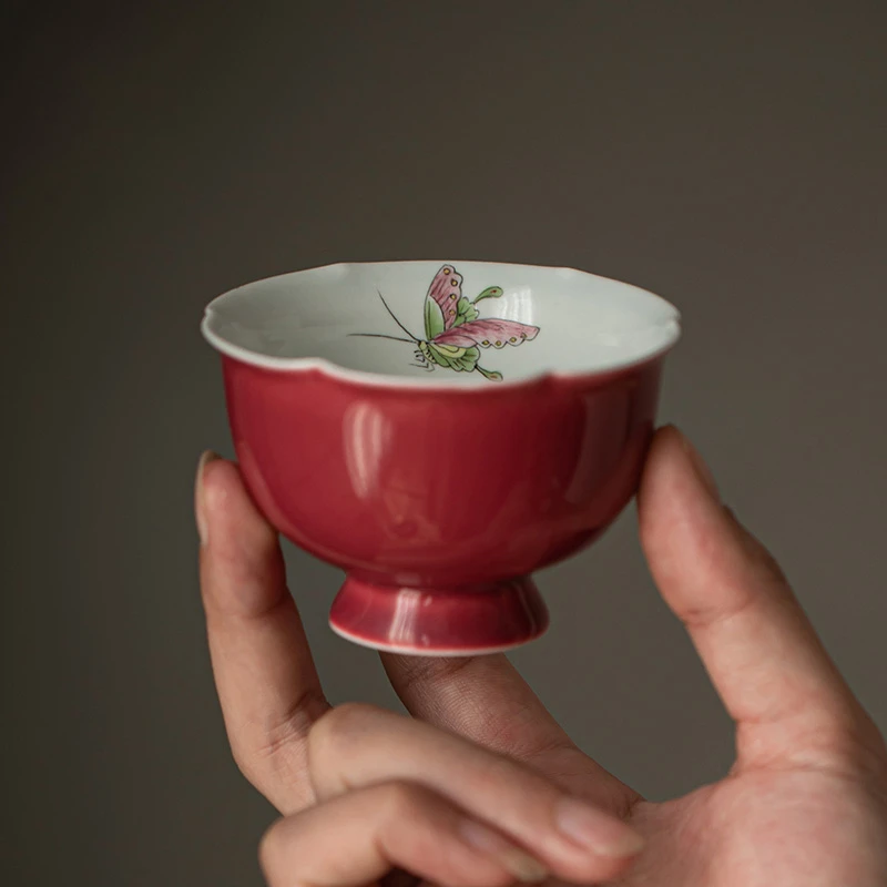 釉上彩主人杯家用手绘蝴蝶茶杯胭脂红陶瓷品茗杯功夫茶杯套装单个
