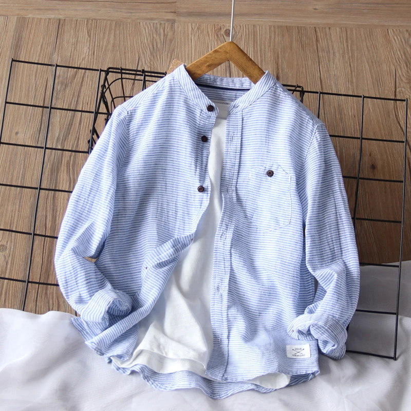 夏季男童长袖衬衫小立领薄款条纹儿童棉麻衬衣童装中大童防晒上衣