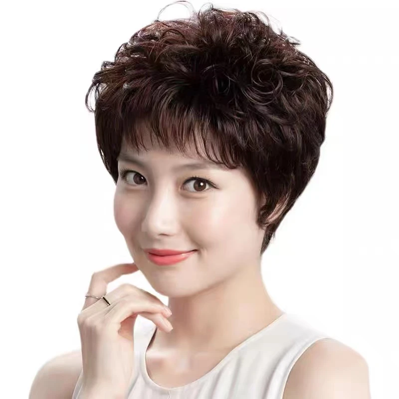 假发女短发真发全真人发妈妈短发夏季薄款烫卷发夏季仿真假头发套