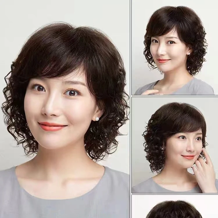 假发短发女自然妈妈卷发全头套中老年真人发丝真发全真人发头发套