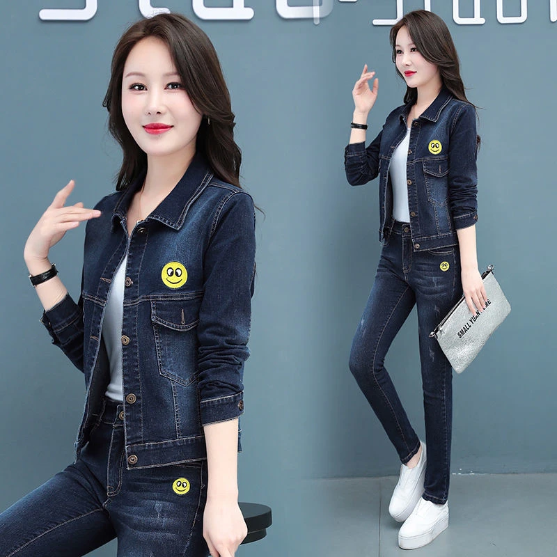 牛仔套装女春秋气质春秋季秋季秋季薄两件套外套复古拼接风衣套装