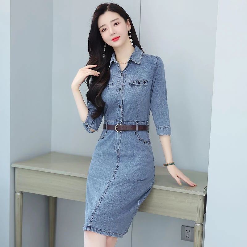 洋气女款连衣裙夏季新款薄款裙子中长款港风蓝色牛仔裙女款连衣裙