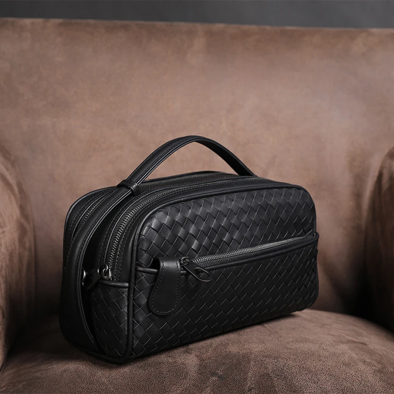 久鲤男士头层牛皮胎牛皮手拎包真皮编织手包时尚黑色双拉链老板包