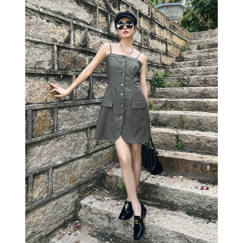 【现货】美洋MEIYANG 珍妮吊带裙 抹胸花苞式单排扣西装连衣短裙