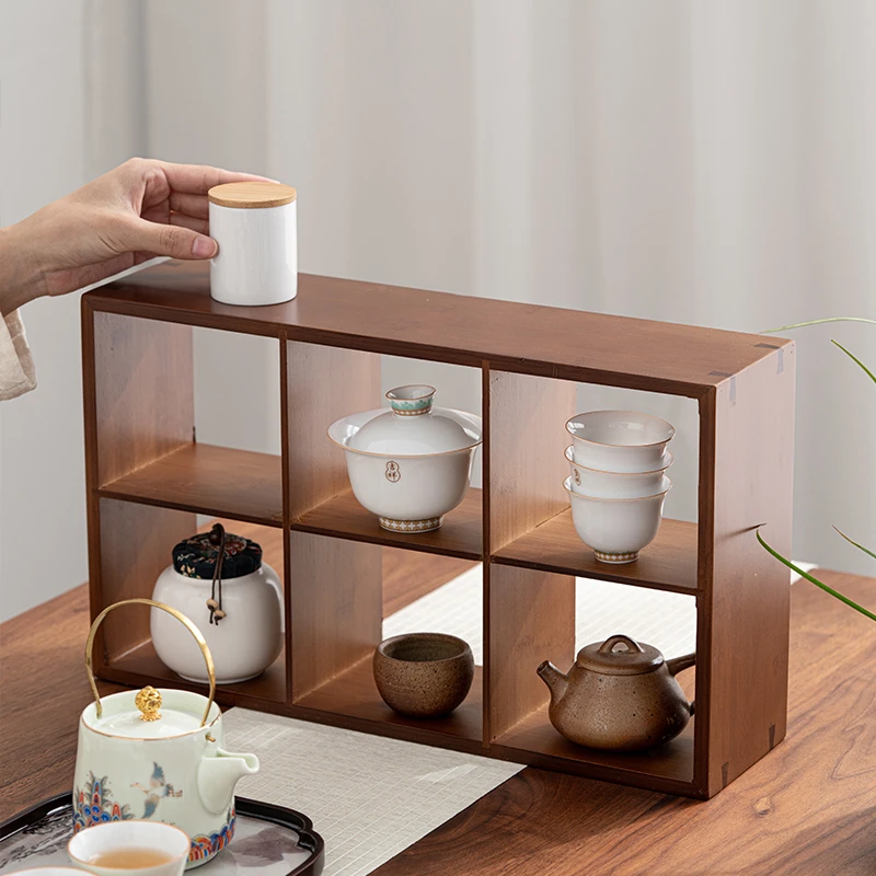 竹制收纳柜茶壶茶杯收纳置物架子多宝阁博古架小摆件茶具架多功能