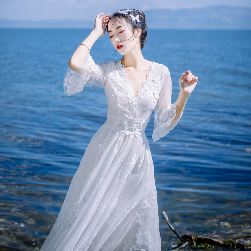 网纱气质蕾丝连衣裙2024夏季新款三亚海边度假沙滩大摆仙女长裙子