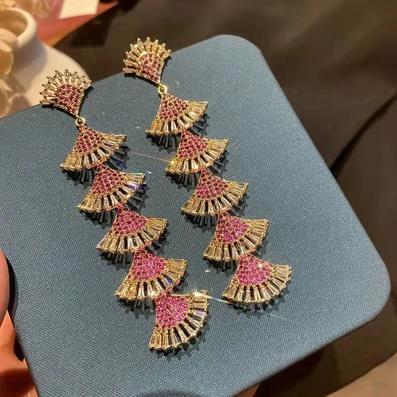 铜合金合成锆石耳饰 175气质宫廷风扇子耳环