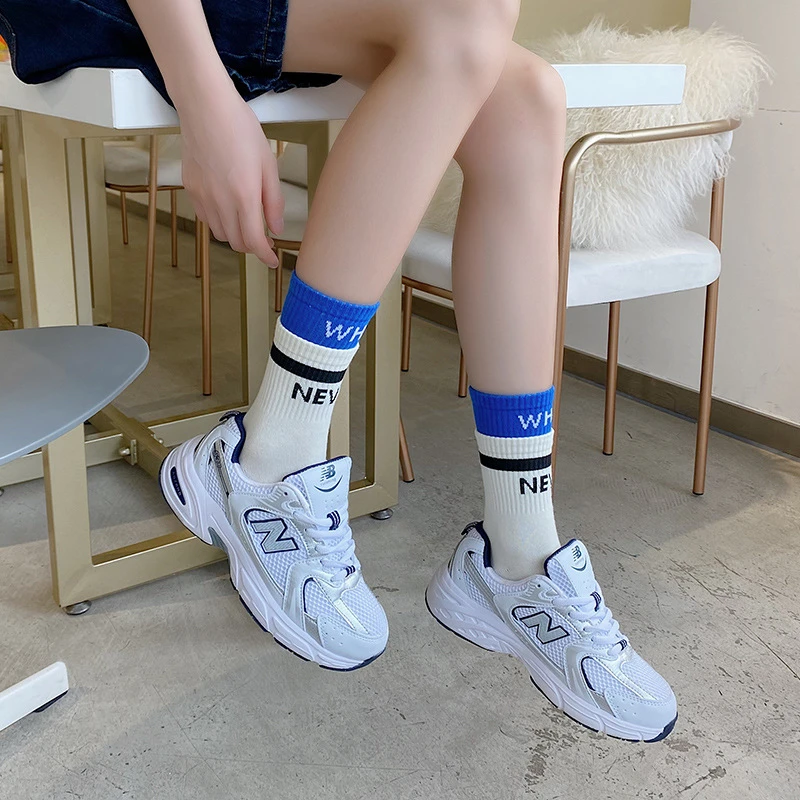 春秋袜子男女ins潮字母百搭假两件情侣中筒棉袜