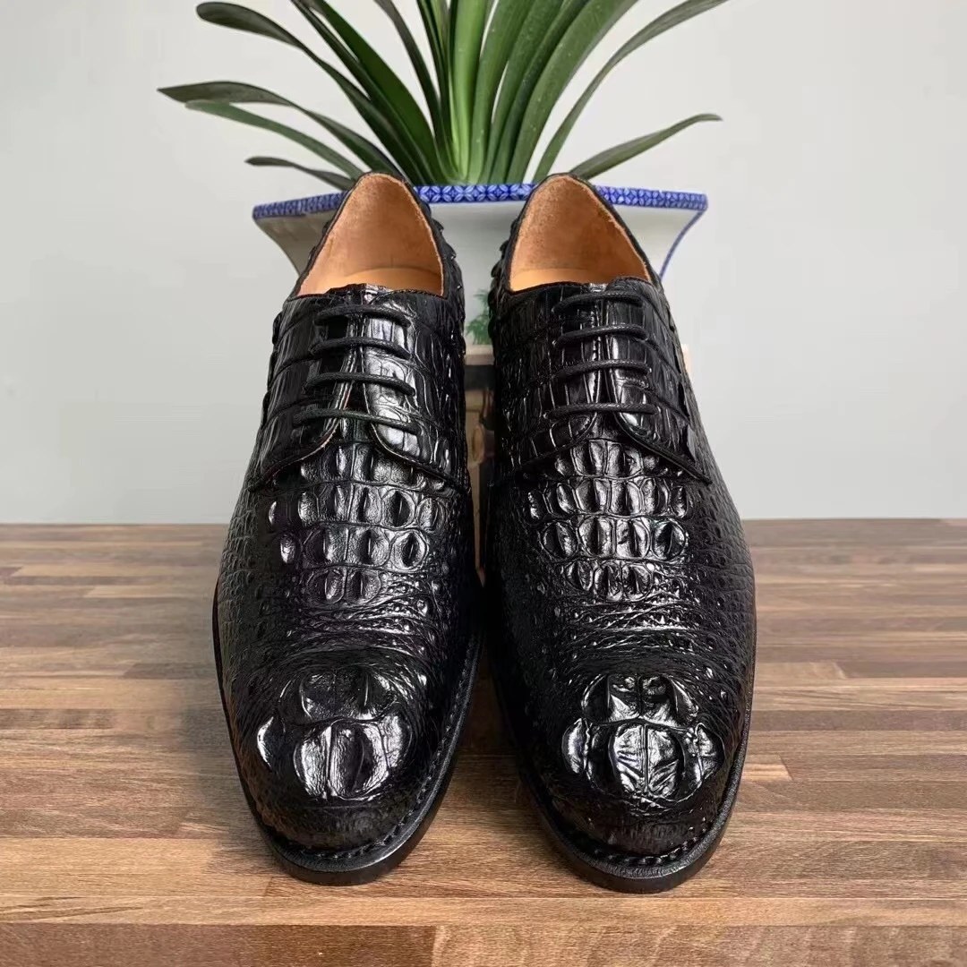 火蚂蚁鳄鱼皮头骨个性高端商务正装鞋纯手工真皮系带英伦固特异