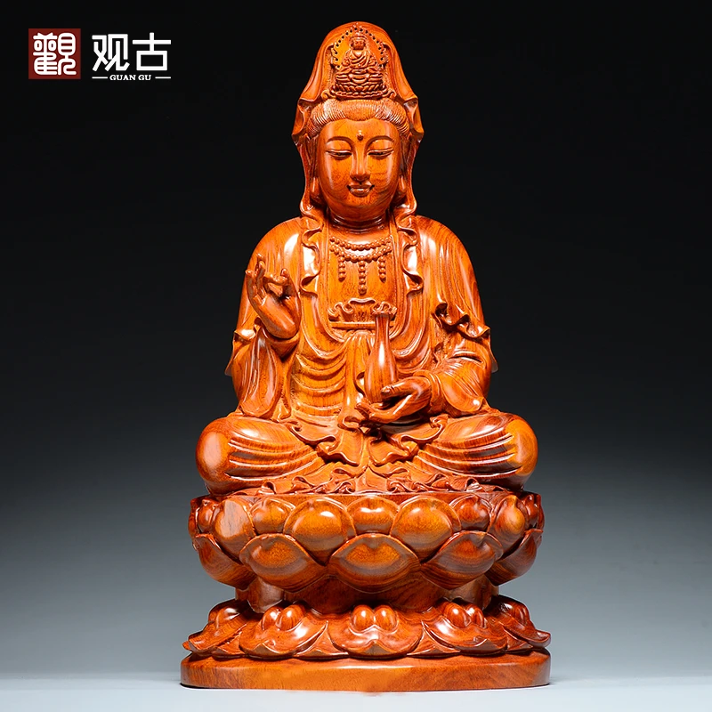 花梨木雕刻观音佛像摆件坐莲观世音菩萨像红木家居客厅装饰工艺品