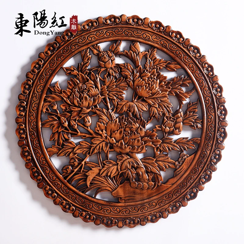 东阳木雕壁挂件香樟木圆形福字玄关装饰画中式牡丹实木雕刻工艺品