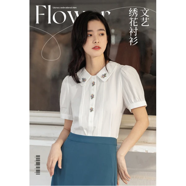 茵曼春季翻领减龄绣花泡泡袖文艺文艺短袖