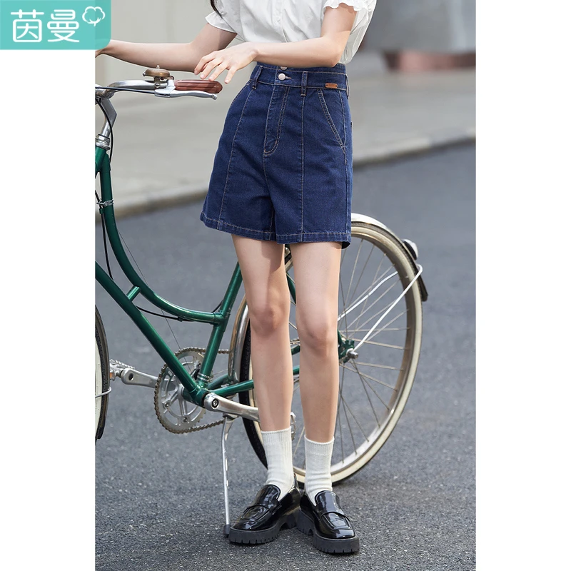 茵曼夏季直筒阔腿牛仔短裤女士显瘦宽松冰氧吧高腰热休闲百搭裤子