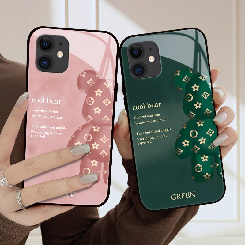 适用苹果11手机壳圆润小熊iPhone11pro创意潮牌玻璃质感11promax