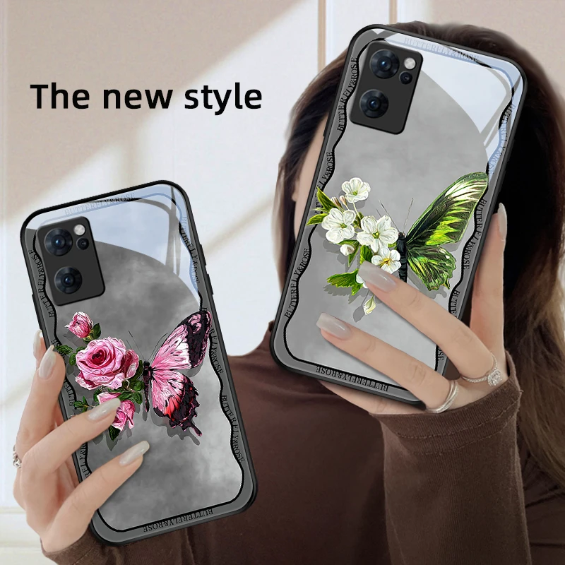 蝴蝶花opporeno7pro手机壳Reno7玻璃质感网红女款7se保护套全包硅