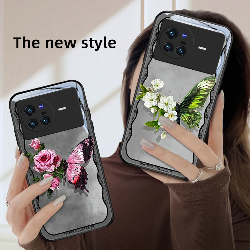 蝴蝶花vivox80手机壳X80pro玻璃质感x80pro+网红女款硅胶全包防摔