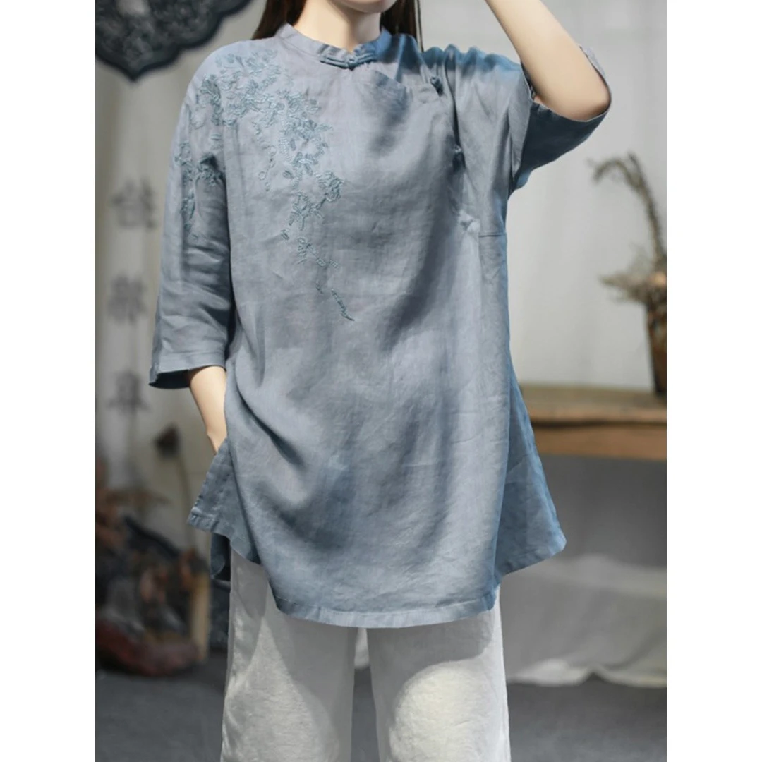 中式茶服女上衣亚麻刺绣禅意女装中国风茶艺师佛系禅修服中长款夏
