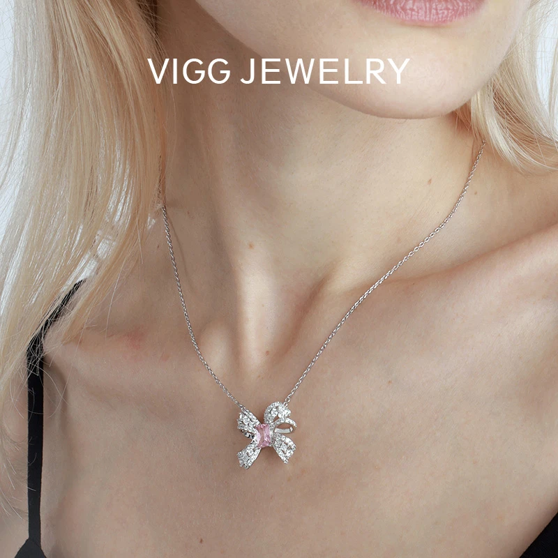 VIGG 铜合金项链 雾粉蝴蝶结项链轻奢简约时尚百搭饰品