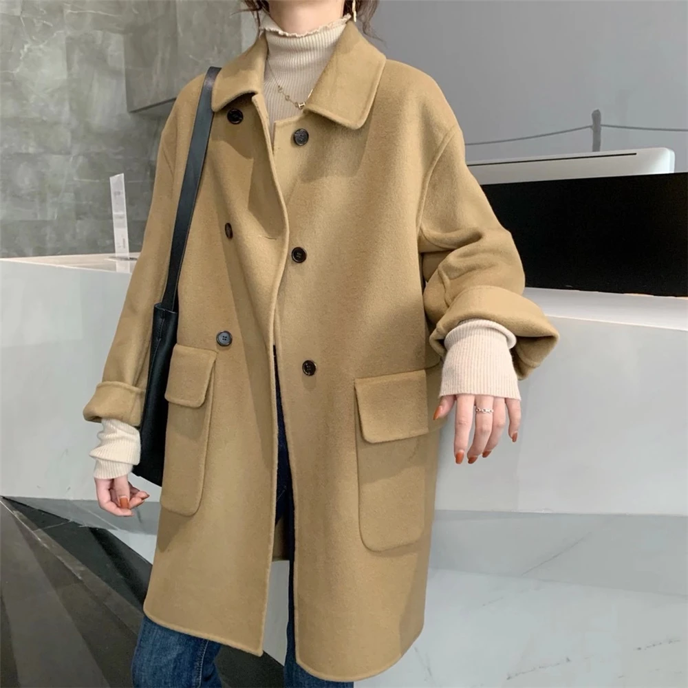 驼色双面呢大衣女中长款小个子2024秋冬季新款显瘦宽松羊毛呢外套
