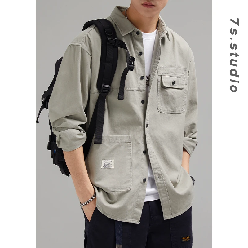 七秒7S studio 珠凡洗水棉 春秋轻工装长袖男士衬衫外套宽松