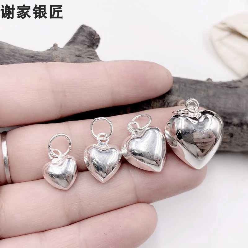 谢家银匠 吊坠足银 纯银爱心吊坠  心形纯银坠子手链项链吊坠简约