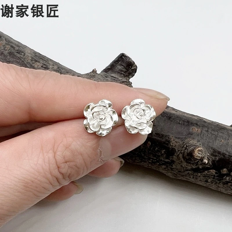 谢家银匠 足银耳饰 正品纯银银牡丹花耳钉  大花耳钉弯钩耳环