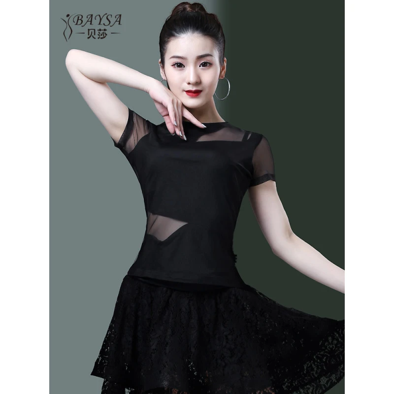 贝莎拉丁舞上衣国标舞新款女夏季短袖交谊舞服装练习练功服Y024
