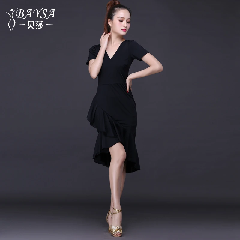 baysa练功服舞蹈女成人性感短袖V领拉丁舞服装连衣裙80922修身