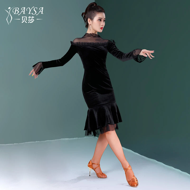 拉丁舞练功服女成人连衣裙秋冬金丝绒比赛舞蹈演出服装Y19-412