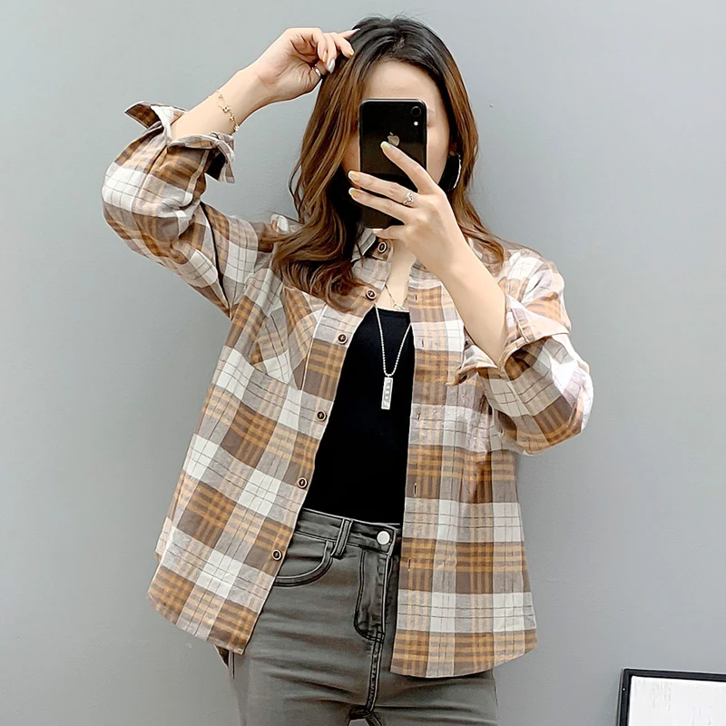 2025新款设计感小众春秋洋气上衣格子衬衫女小个子外套休闲衬衣潮