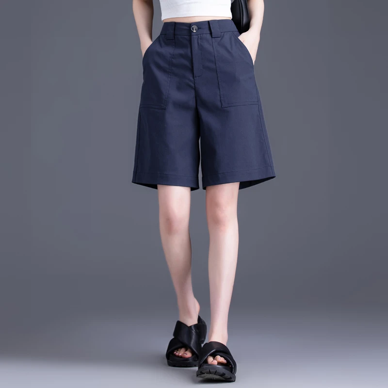 藏蓝色夏季薄款五分裤女款爆款2025新款直筒休闲中裤垂感西装短裤