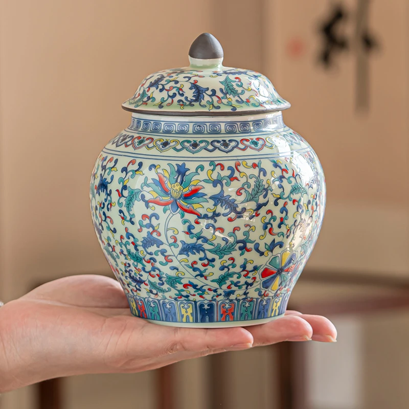 何来瓷  复古初彩茶叶罐 摆件  储物罐  茶用 摆茶台 家具摆件