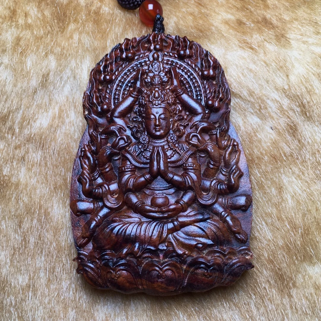 海南黄花梨 精雕千手观音 牌子吊坠挂件手把件
