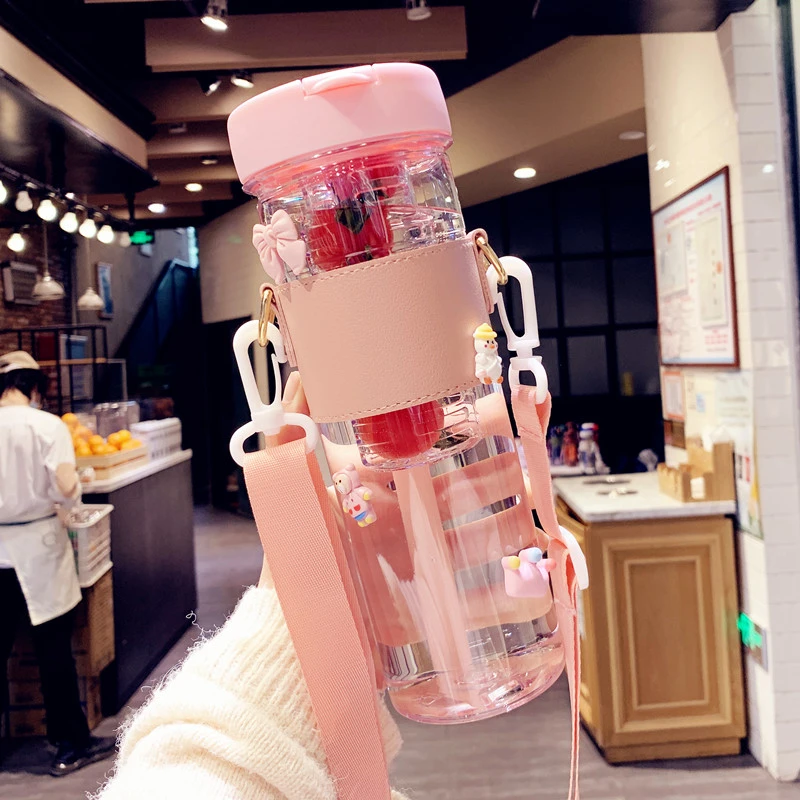 夏天水杯女夏季带吸管塑料简约便捷茶隔花学生大人杯子户外大容量