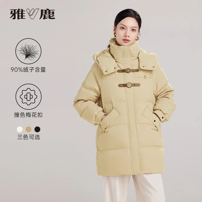 【现货小花款】雅鹿羽绒服女中长款冬季新款90鸭绒可脱卸帽保暖外套