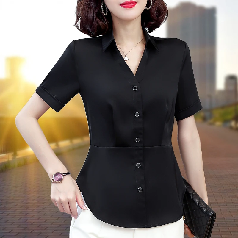 黑色雪纺衬衫女短袖2023夏装收腰显瘦衬衣气质通勤职业装工作上衣