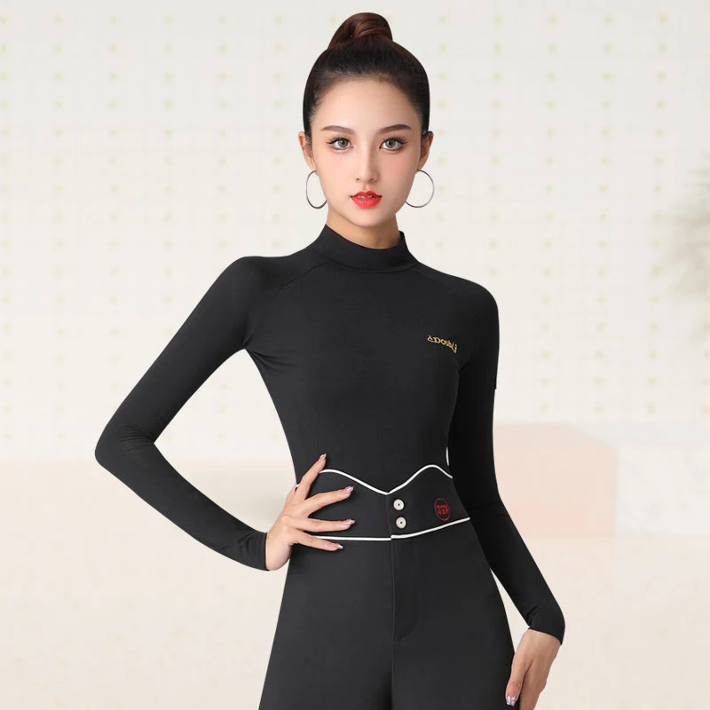 丹宝罗拉丁舞服女成年舞蹈练功服黑色长袖百搭高领广场舞春秋新品