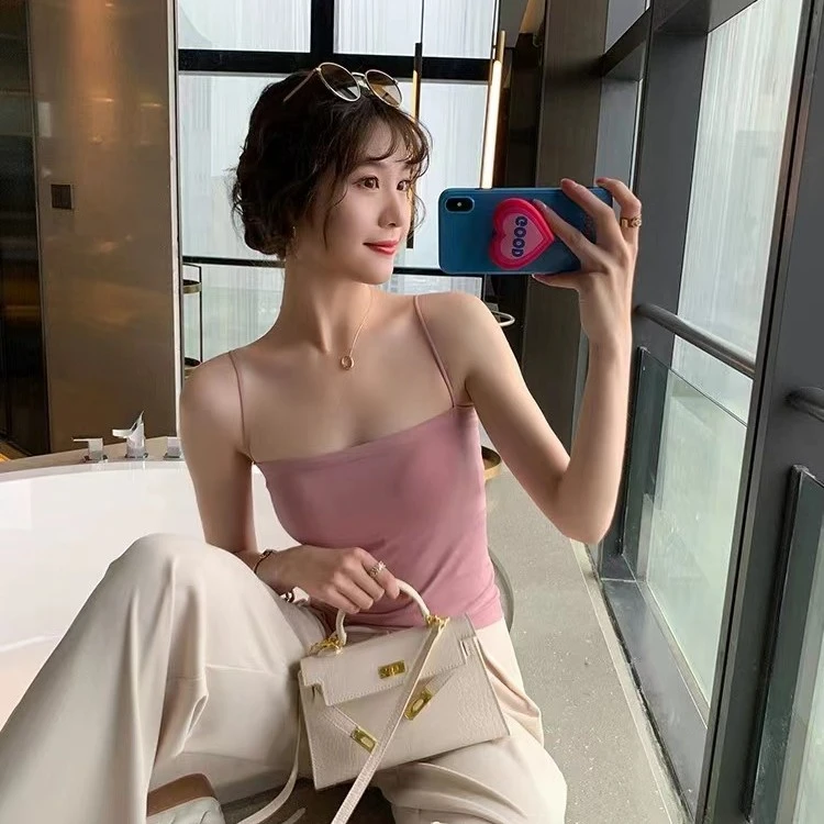 短款固定杯纯色吊带背心女无缝一体自带胸垫外穿内搭美背打底休闲