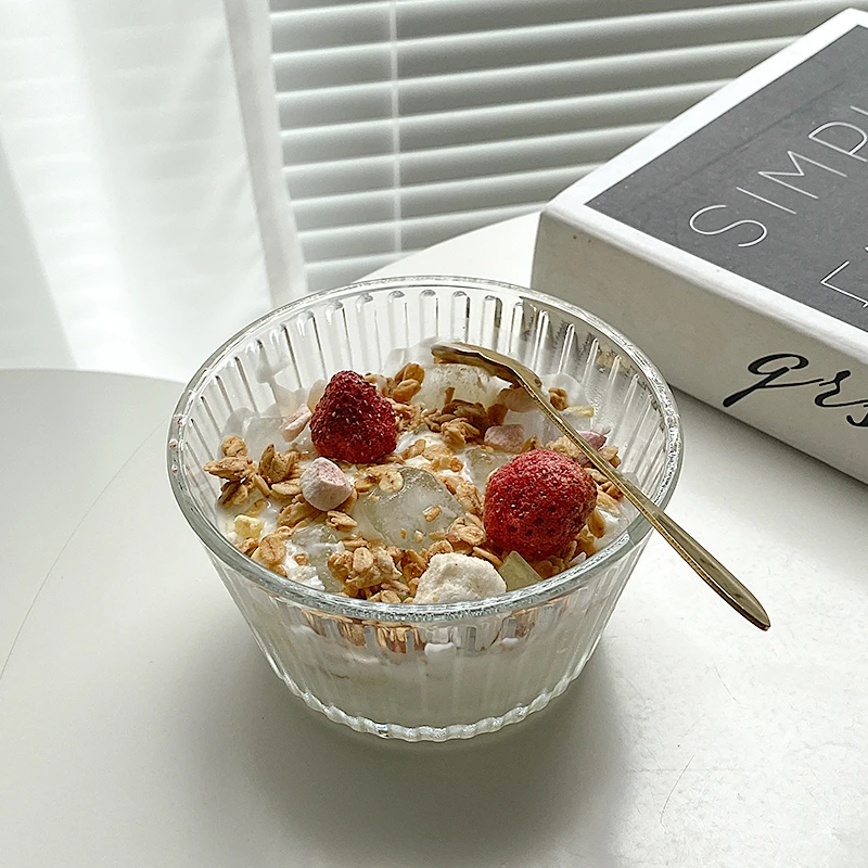 ins风竖纹甜品玻璃碗网红餐具燕麦早餐碗水果沙拉碗点心碗雪糕碗