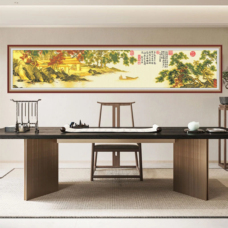 溪山渔隐图十字绣线绣2023新款客厅古典画手工刺绣